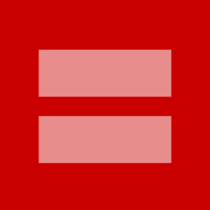 LGBT Equality sigh. The sighn is a red square with a large reddish pink equal symbol centered in the red square.
